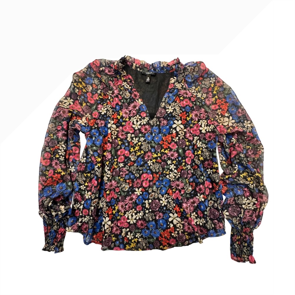 AQUA Women Floral Chiffon Blouse Smocked Cuff Romantic Coquette Fairycore